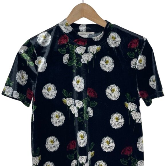 ZARA TRAFALUC | Black Velvet Mockneck Turtleneck Top with Floral Print | Size S - Picture 2 of 6